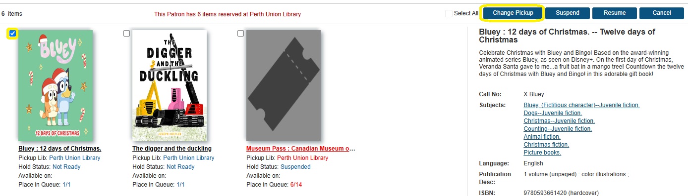 showing location of change pickup button in library catalogue