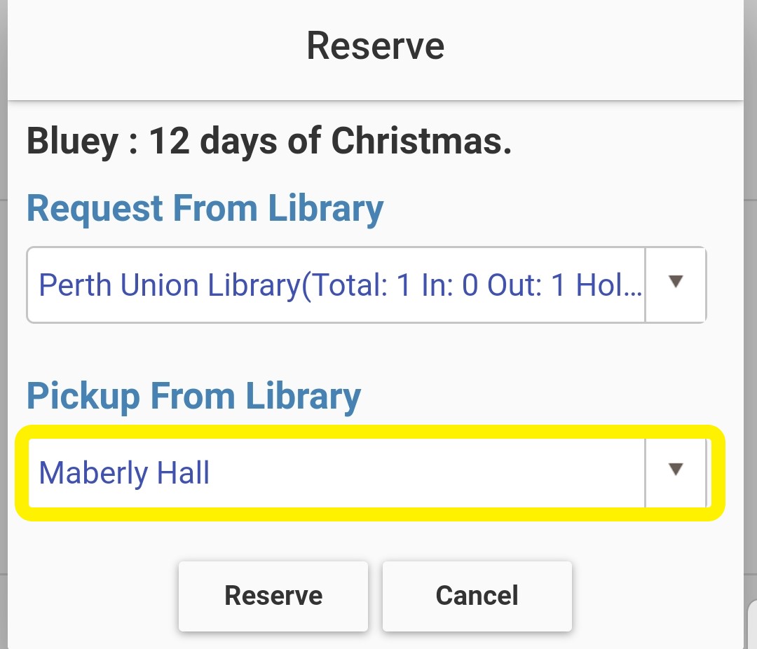 shows the location of the dropdown to select pickup location in the library catalogue